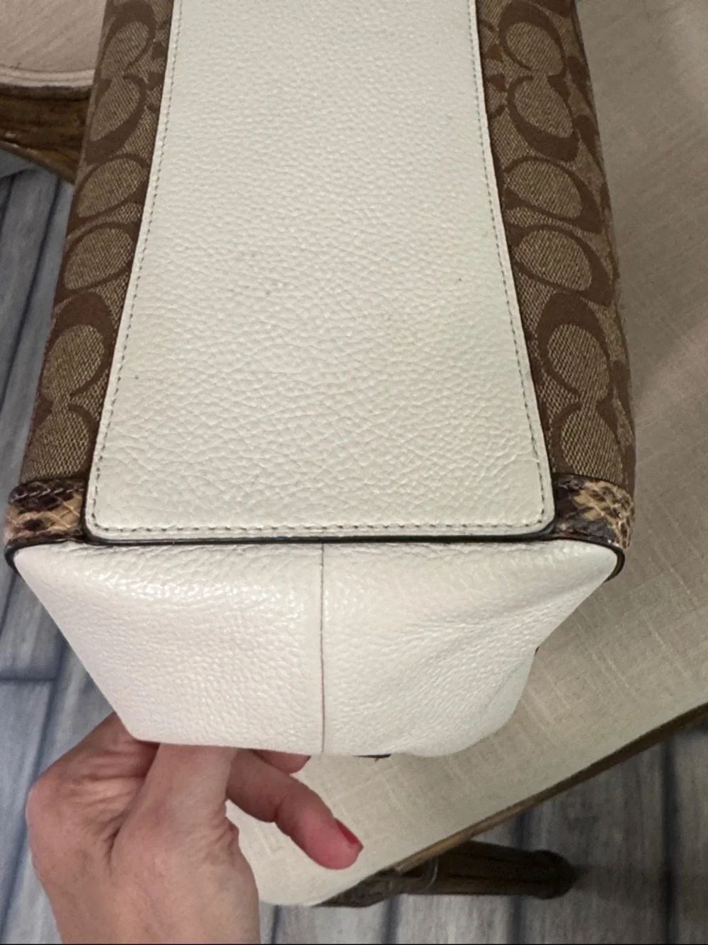 Coach Kristy Signature Canvas Shoulder Bag with White Panels & Snakeskin Trim